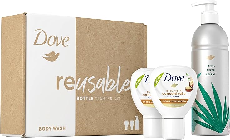 دوف غسول الجسم من دوف زجاجة وتركيز قابل لإعادة الاستخدام من الألمنيوم (مرتين) مجموعة بداية لبشرة ناعمة فورا، شيا وفانيليا دافئة للعناية بالبشرة وتغذية دائمة 4 أونصات (تصنع 16 أونصة) - Image 2